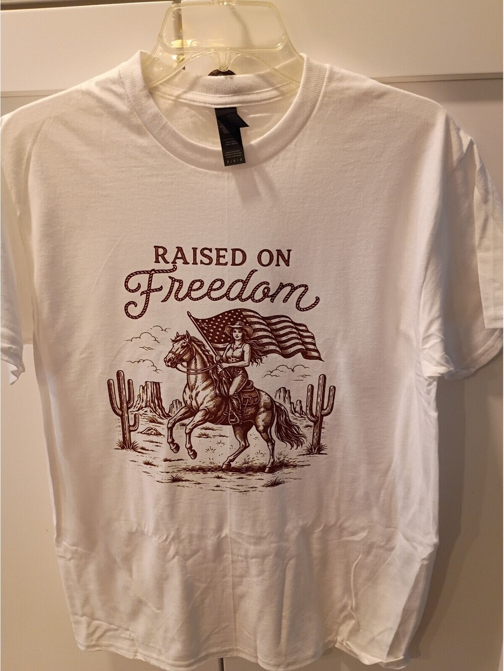 Gildan Heavy Cotton White T-Shirt Raised on Freedom Graphic Medium